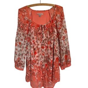 ROZ & ALI womens Sz 1X Coral Floral Peasant Tunic Top, Cottagecore Boho Artsy